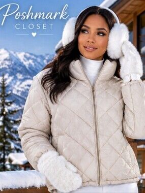 H&M Women's Off-White Quilted Down Puffer Short Jacket